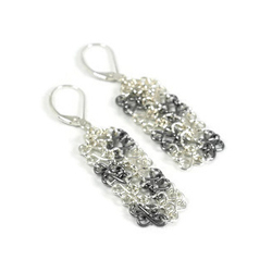 Black and White Gingham Ribbon Earrings. Made with bright sterling silver handcrafted links and deep charcoal oxidized sterling silver. 